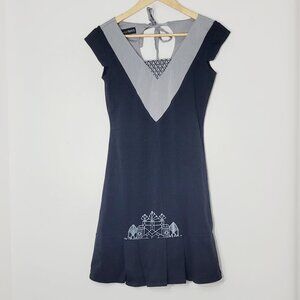 Eve Lavoie Women's Black Gray Cotton Blend Cap Sleeve Tie Back V-Neck Dress Sz M